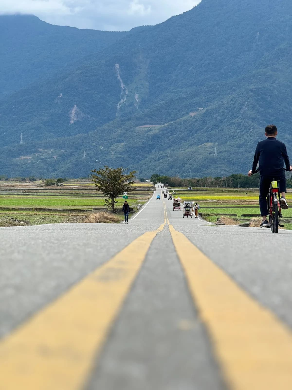 一個人騎著腳踏車沿著田間道路往山的方向去（實景・Pexels 授權）