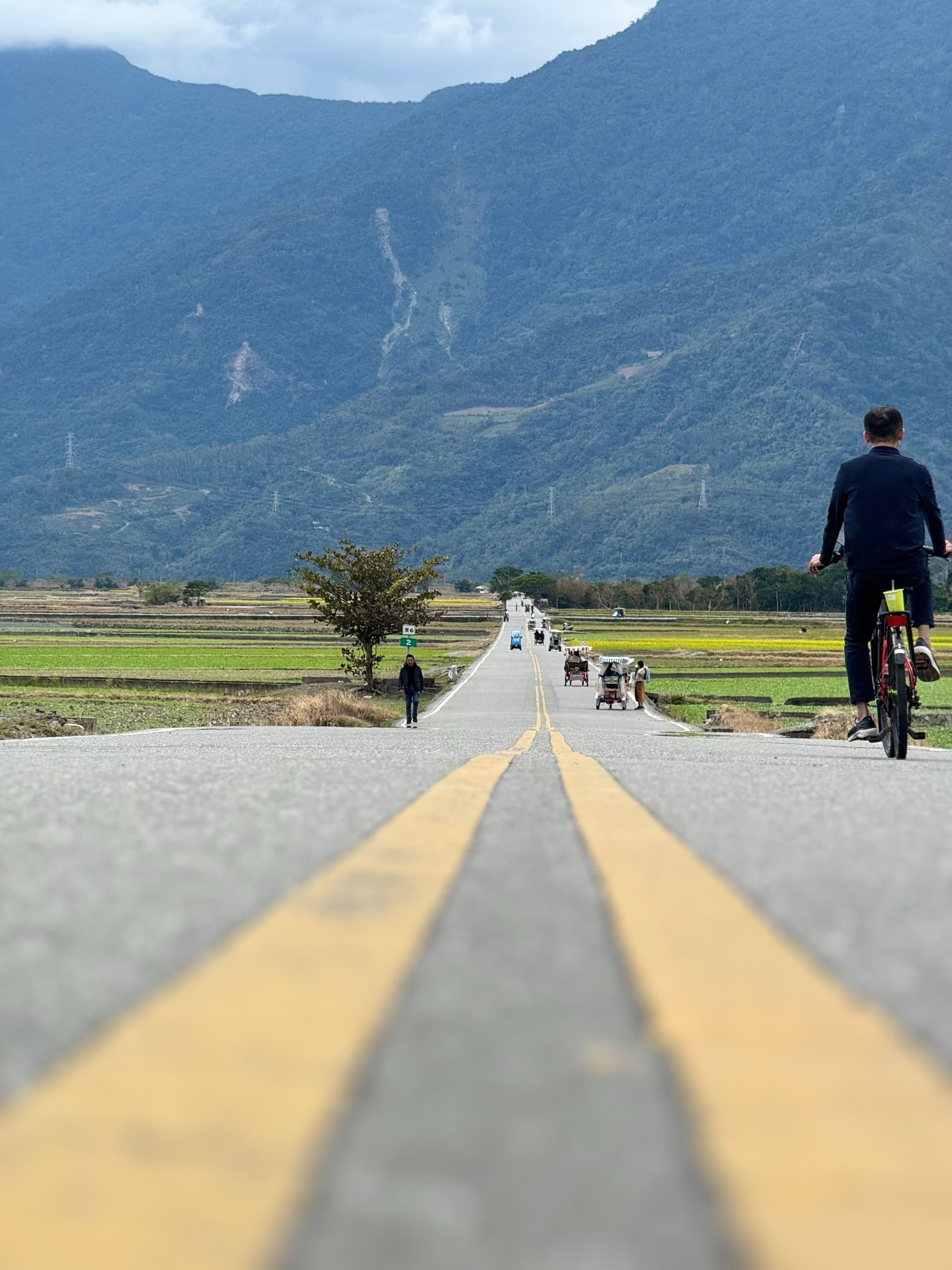 一個人騎著腳踏車，沿著畫有雙黃線的田間道路往山的方向去